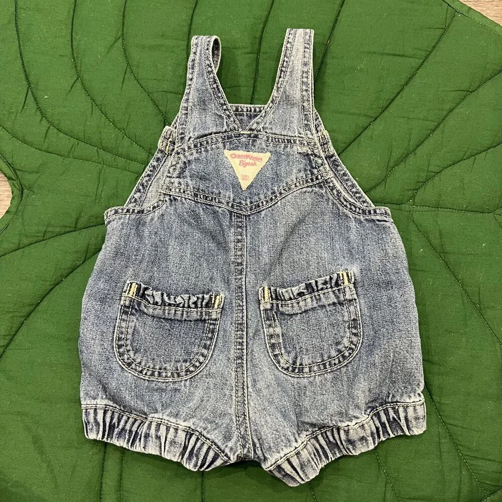 OshKosh B'Gosh 12M Denim Bubble Romper Overalls Floral Embroidered Jean